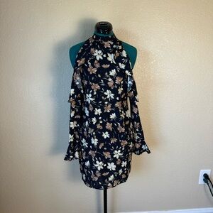Black w/ brown & Cream mini dress flowers cold shoulder long sleeve ruffles
